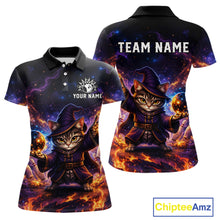 Load image into Gallery viewer, Black polo shirt with a fantasy cat design on a white background, featuring 'Chiptee Amz' branding.