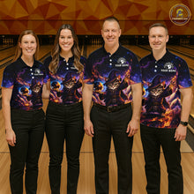Load image into Gallery viewer, Four people wearing matching bowling shirts with a cat design on a bowling alley.