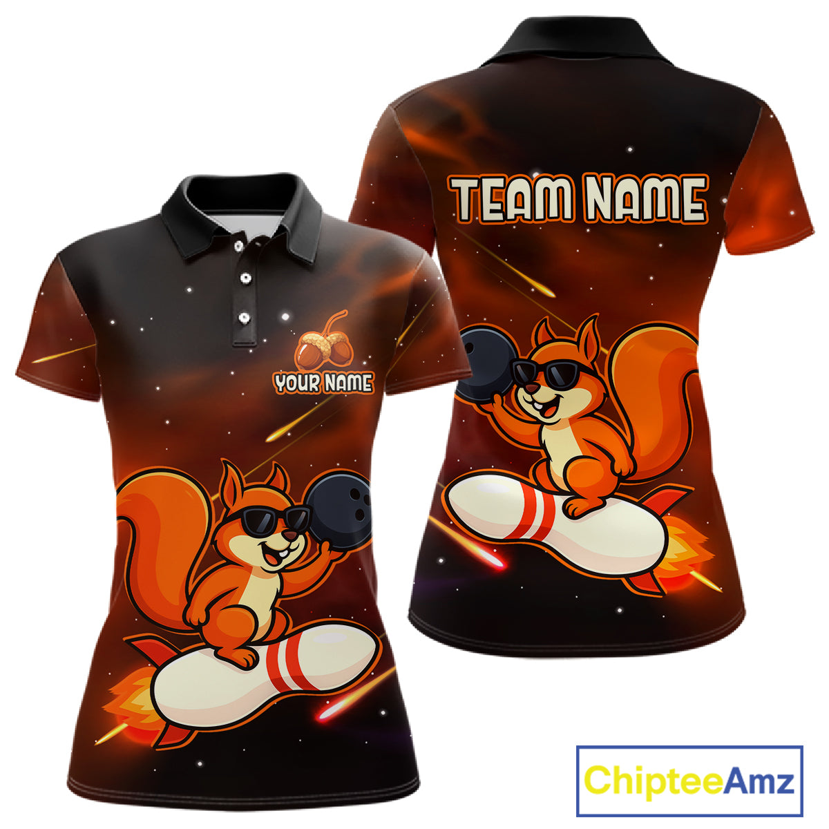 Orange & Black Funny Squirrel Bowling Shirt for Women Bowling League Jersey Polo & Quarter-Zip QZT879