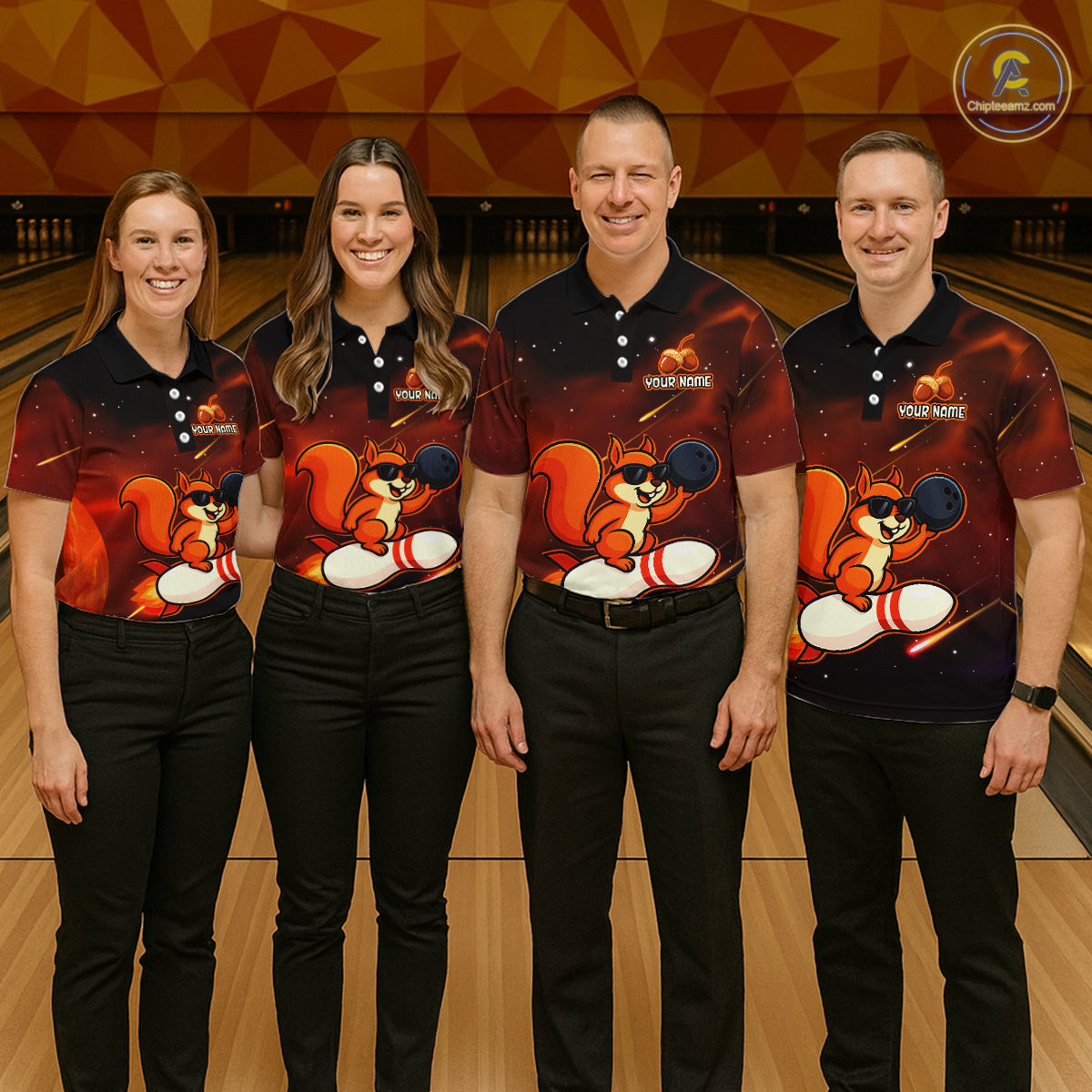 Orange & Black Funny Squirrel Bowling Shirt for Men Bowling League Jersey Polo & Quarter-Zip QZT879