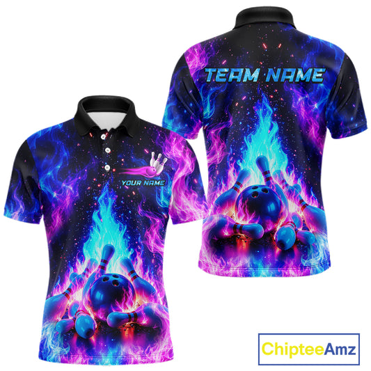 Colorful bowling shirt with flames and bowling ball design, customizable text, and Chiptee Amz branding.