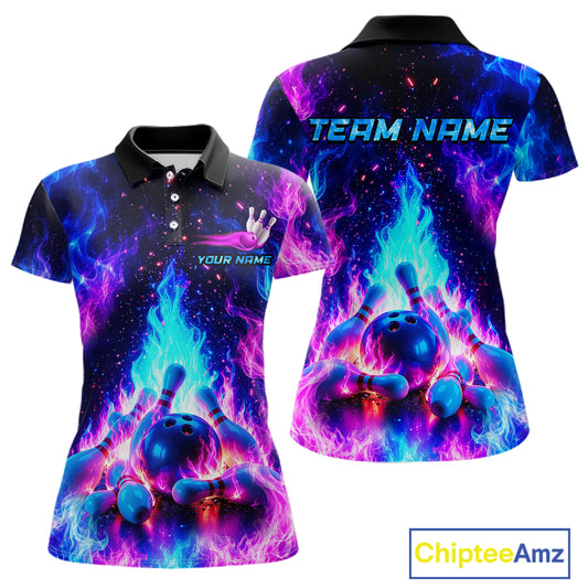 Colorful bowling-themed polo shirt with 'Team Name' and 'Your Name' text space.