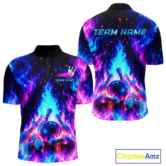 Colorful bowling shirt with flames and bowling elements, featuring 'Team Name' and 'Your Name' text on a white background.