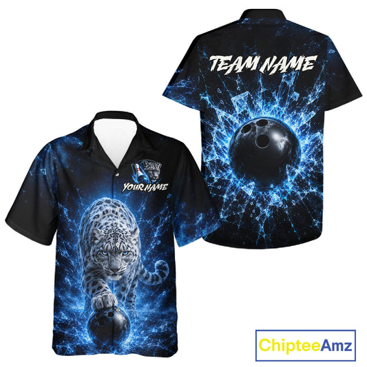 Bowling shirt with blue and black design featuring a leopard and bowling ball, with 'Chiptee Amz' branding.