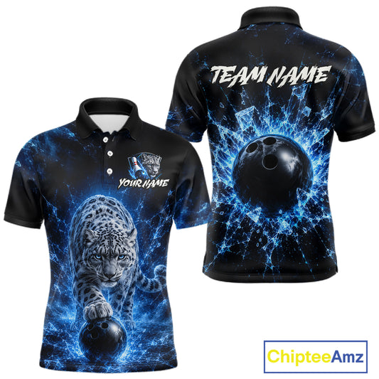 Black polo shirt with blue energy design featuring a leopard and bowling ball, customizable text on a white background.