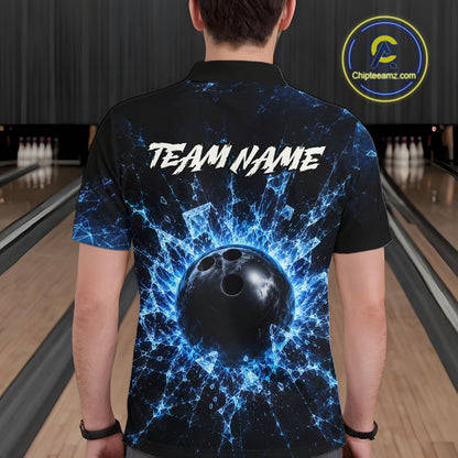 Person wearing a bowling-themed shirt with 'TEAM NAME' text in a bowling alley.