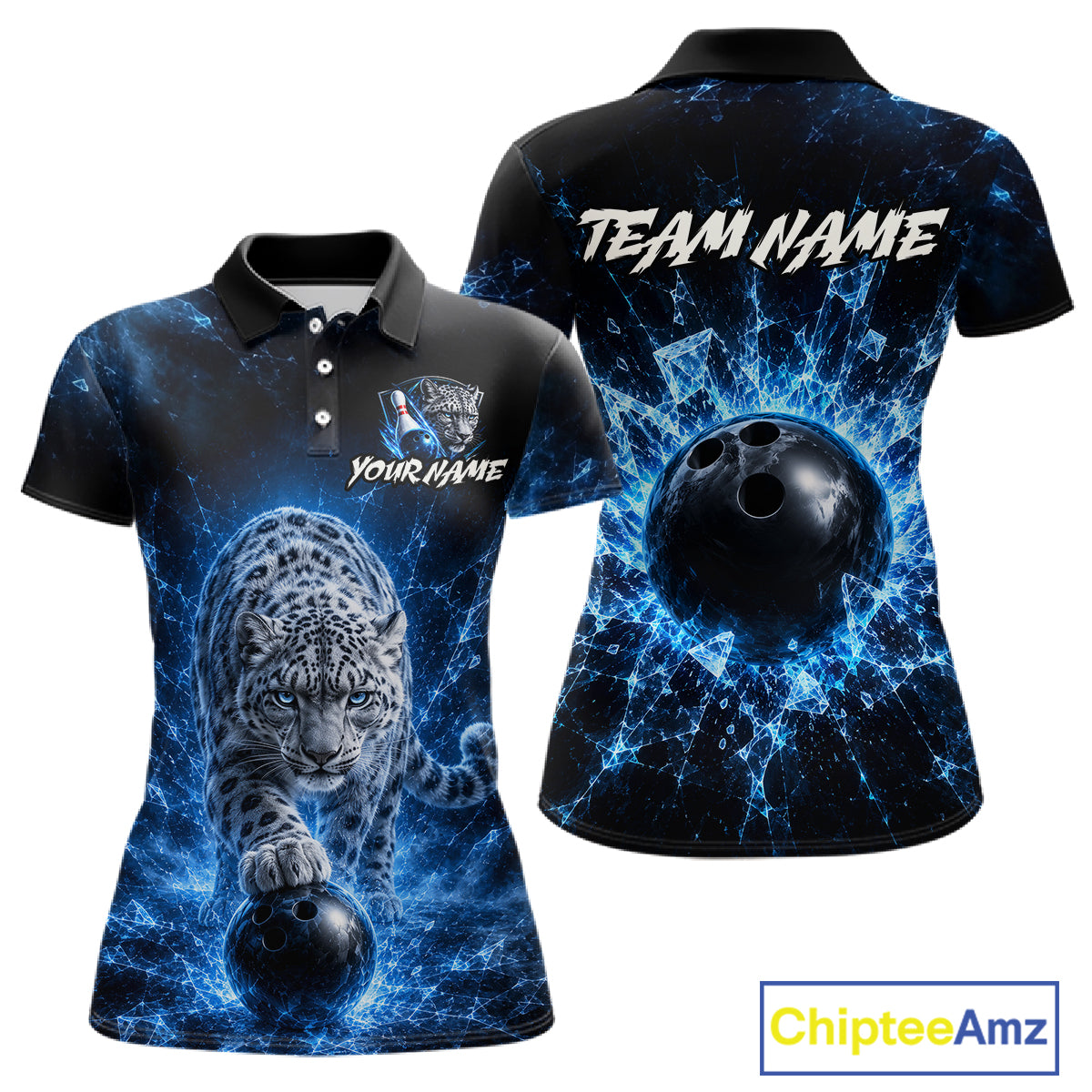 Polo shirt with leopard and bowling ball design on front, and bowling ball and text on back, branded 'Chiptee Amz'.