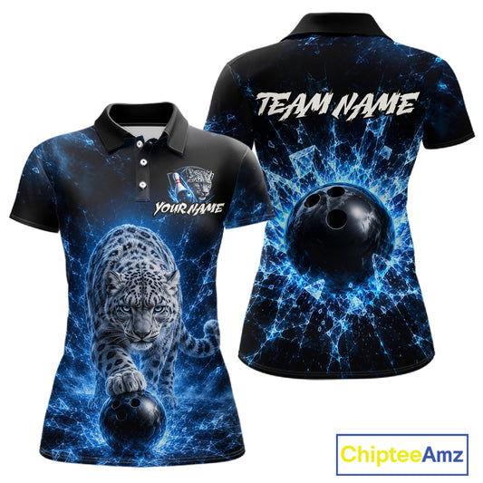 Polo shirt with leopard and bowling ball design on front, and bowling ball and text on back, branded 'Chiptee Amz'.