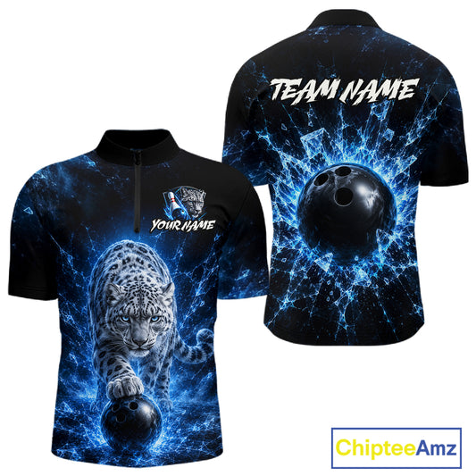 Bowling shirt with blue and black design featuring a leopard and bowling ball, with 'Team Name' and 'Your Name' text space.