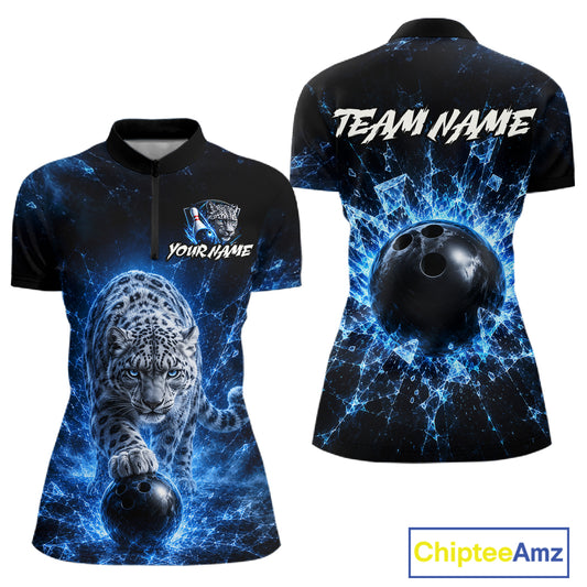 Two bowling shirts with a leopard and bowling ball design, one with 'Your Name' and 'Team Name' text, the other with a bowling ball graphic, on a white background.