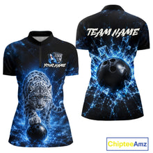 Load image into Gallery viewer, Two bowling shirts with a leopard and bowling ball design, one with 'Your Name' and 'Team Name' text, the other with a bowling ball graphic, on a white background.