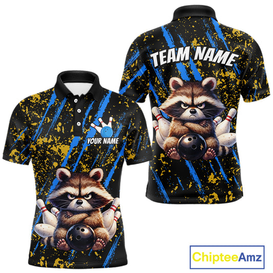 Custom Yellow & Blue Funny Raccoon Bowling Team Shirt for Men Bowling Jersey League Polo & 1/4-Zip QZT882