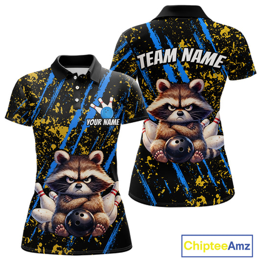 Custom Yellow & Blue Funny Raccoon Bowling Team Shirt for Women Bowling Jersey League Polo & 1/4-Zip QZT882