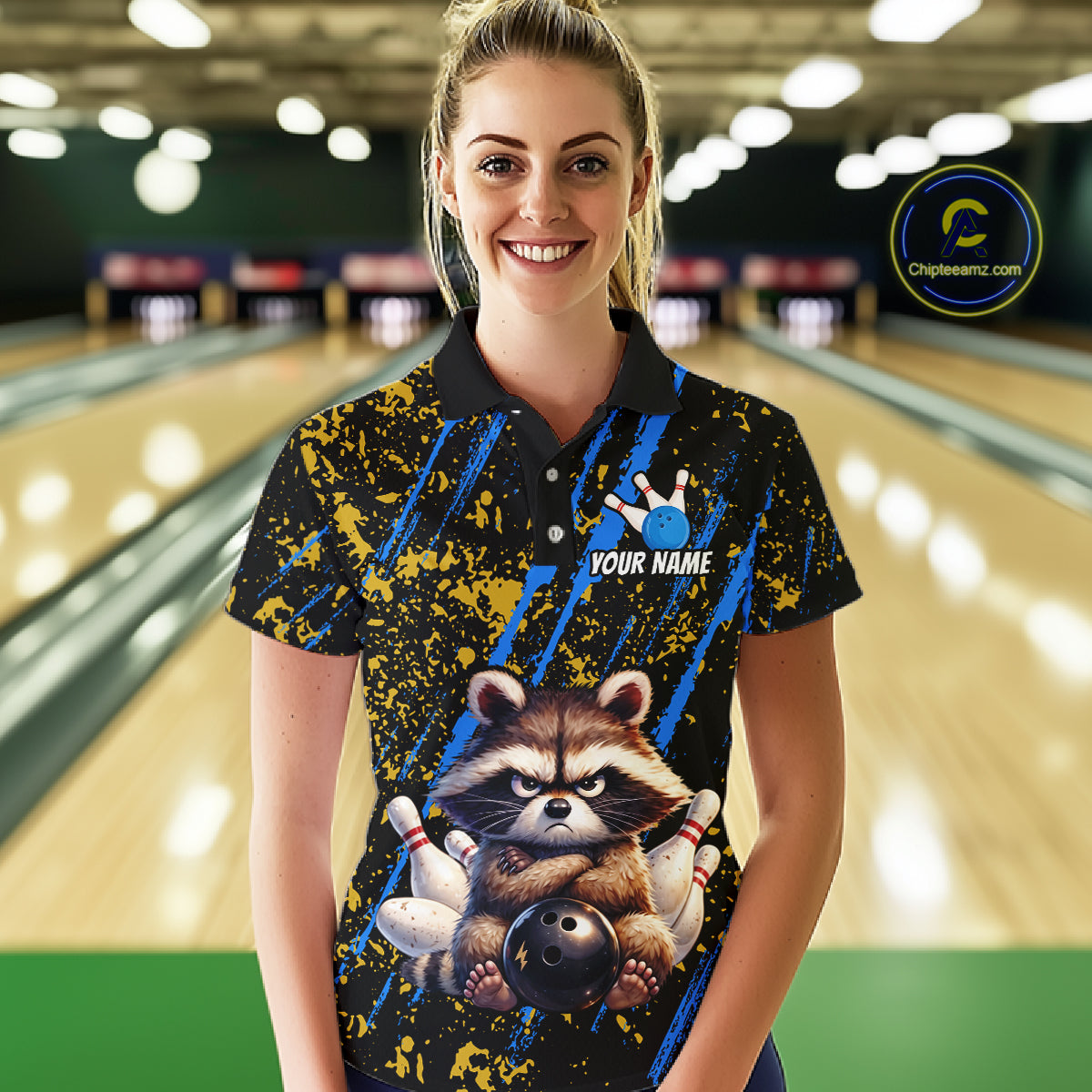 Custom Yellow & Blue Funny Raccoon Bowling Team Shirt for Women Bowling Jersey League Polo & 1/4-Zip QZT882