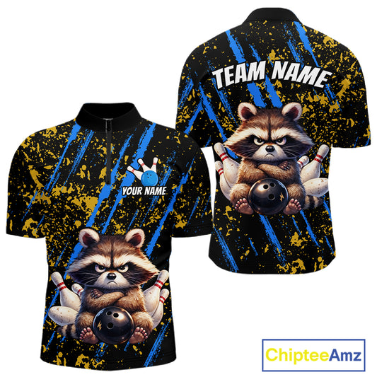 Custom Yellow & Blue Funny Raccoon Bowling Team Shirt for Men Bowling Jersey League Polo & 1/4-Zip QZT882