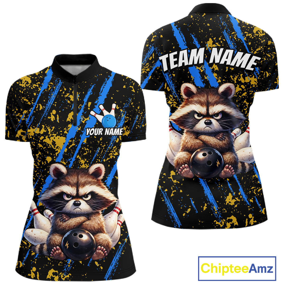 Custom Yellow & Blue Funny Raccoon Bowling Team Shirt for Women Bowling Jersey League Polo & 1/4-Zip QZT882