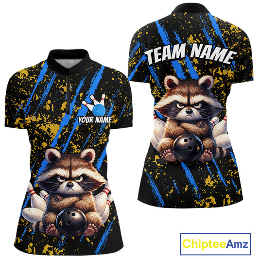 Custom Yellow & Blue Funny Raccoon Bowling Team Shirt for Women Bowling Jersey League Polo & 1/4-Zip QZT882