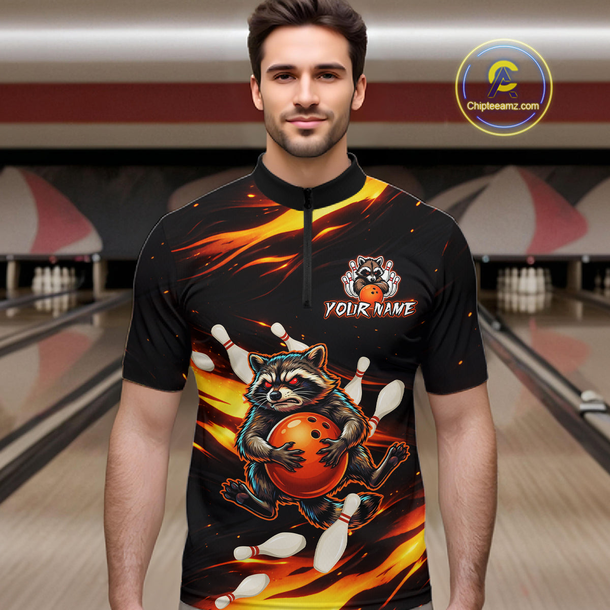 Custom Orange Funny Raccoon Bowling Shirt for Men Bowling Jersey Polo & Quarter-Zip Bowling Outfit QZT969