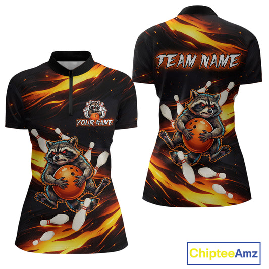Custom Orange Funny Raccoon Bowling Shirt for Women Bowling Jersey Polo & Quarter-Zip Bowling Outfit QZT969