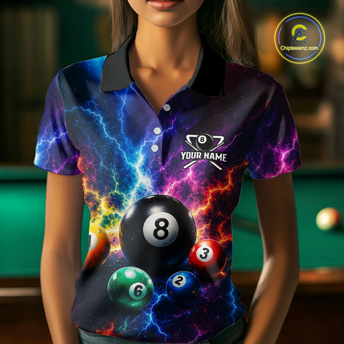 Person wearing a colorful polo shirt with billiard ball design and 'Your Name' text.
