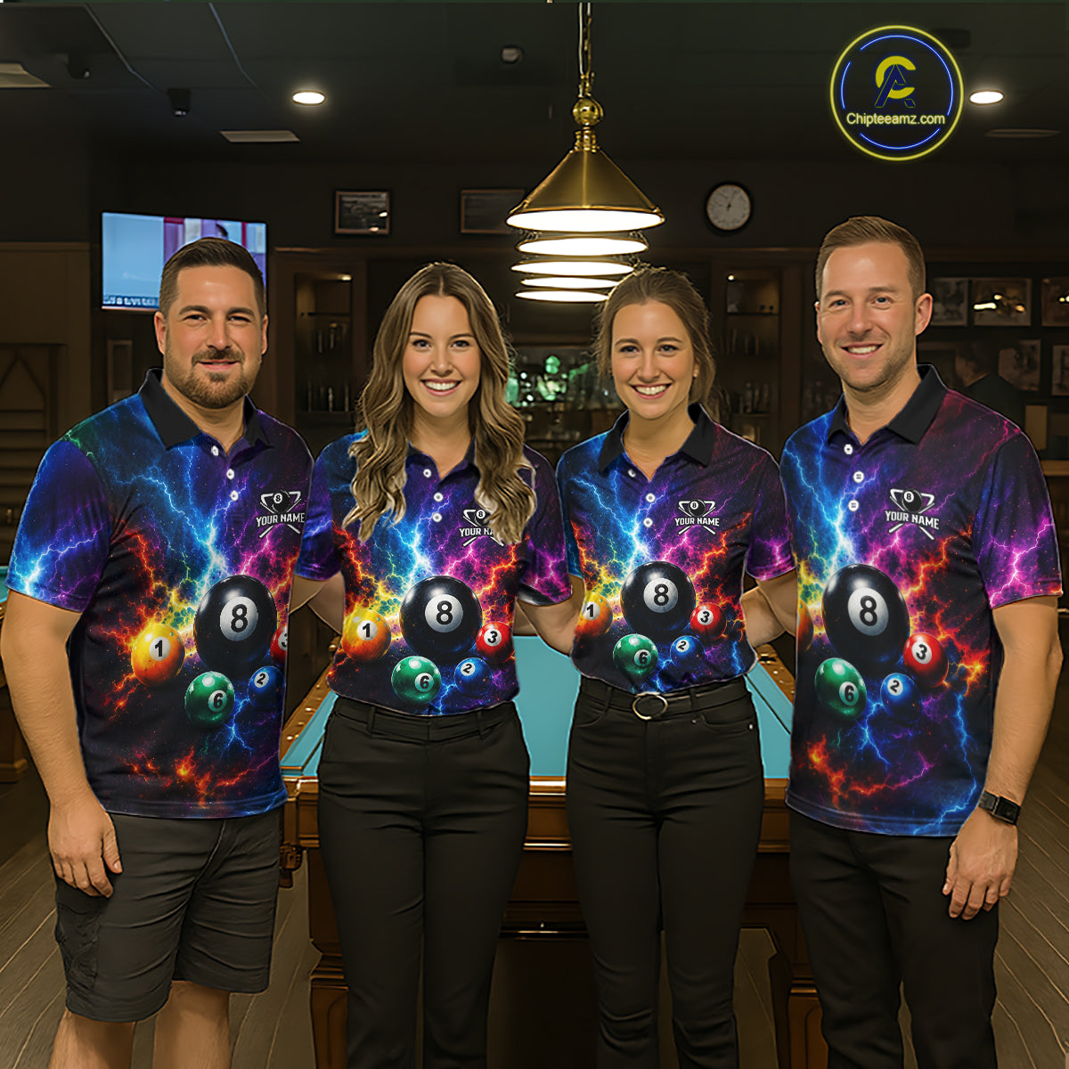 Four people wearing colorful billiard shirts with number 8 ball designs in a pool hall.