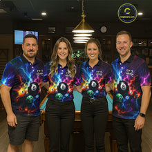 Load image into Gallery viewer, Four people wearing colorful billiard shirts with number 8 ball designs in a pool hall.