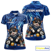 Load image into Gallery viewer, Polo shirt with a cat playing pool design and customizable text on a blue background