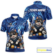 Load image into Gallery viewer, Blue marbled polo shirt with a cat design and 'Team Name' text on a white background.