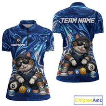 Load image into Gallery viewer, Blue marbled sports jersey with a cat design and billiard balls, featuring 'Chiptee Amz' branding.