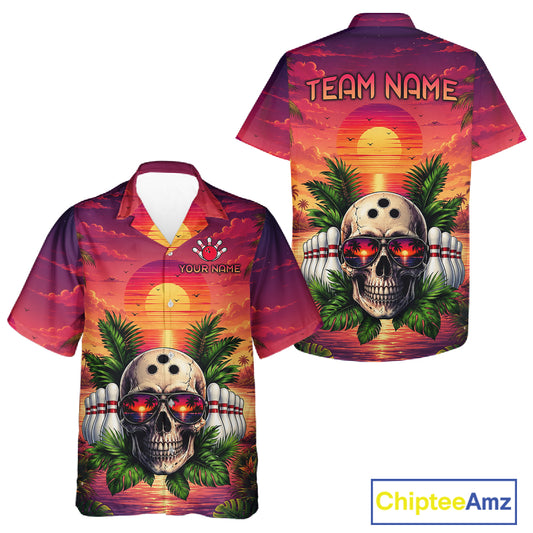 Hawaiian shirt with skull design and customizable text on a white background