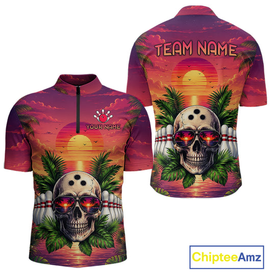 Colorful quarter-zip jersey with skull design and sunset background, featuring 'Team Name' and 'Your Name' text.