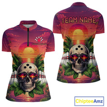Load image into Gallery viewer, Bowling jersey with skull design and customizable text on a sunset background, brand 'Chiptee Amz' visible.