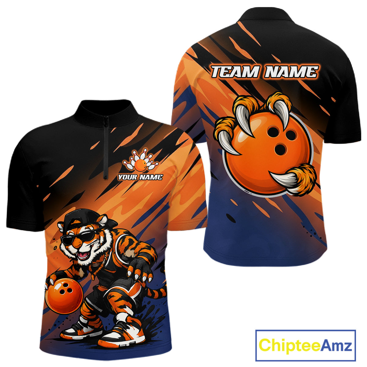 Front and back views of a short-sleeve quarter-zip performance shirt featuring a cartoon tiger bowling graphic, orange and blue gradient background, and customizable text placeholders.
