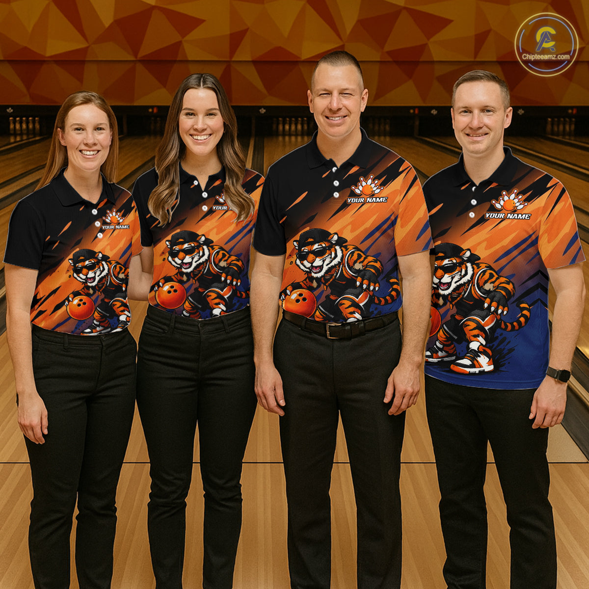 Four people standing in a bowling alley wearing matching custom bowling shirts with a tiger graphic and bowling balls, paired with black pants.