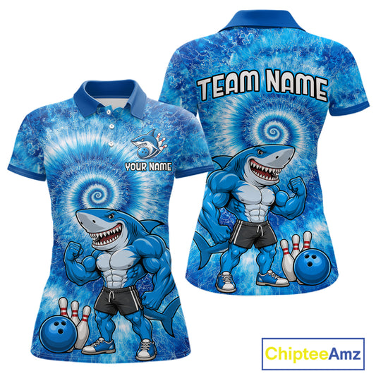 Custom Tie Dye Shark Bowling Shirt for Women Funny Bowling Team Jersey Polo & 1/4 Zip QZT1004