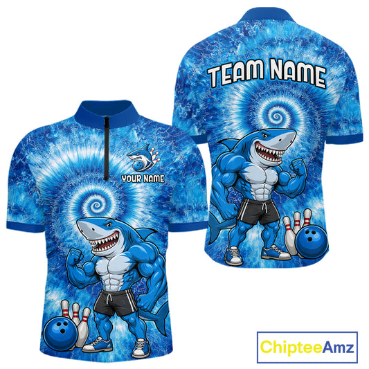 Custom Tie Dye Shark Bowling Shirt for Men Funny Bowling Team Jersey Polo & 1/4 Zip QZT1004
