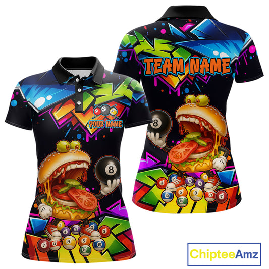 Colorful polo shirt with a burger and billiards design, featuring 'Chiptee Amz' branding.