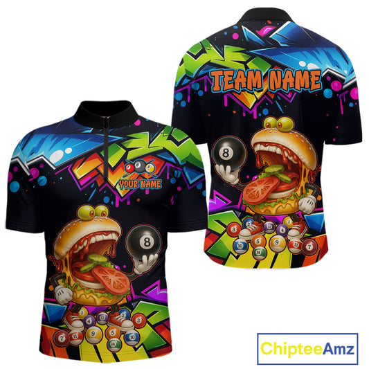 Two colorful jerseys with a burger and billiard ball design, featuring the brand 'Chiptee Amz'.