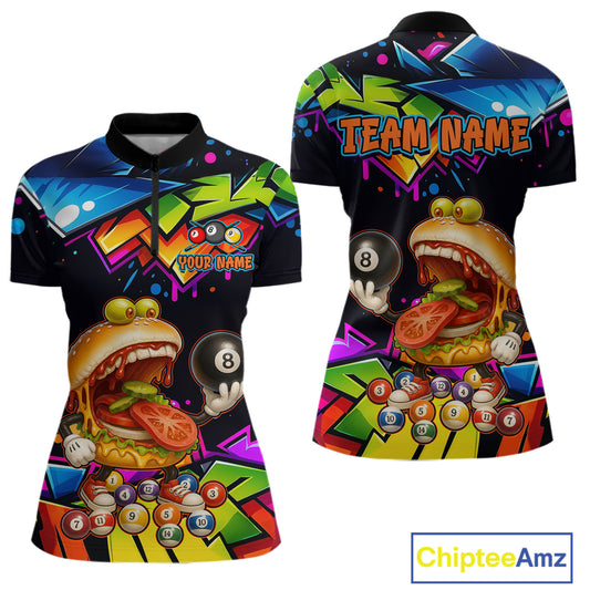 Colorful sports jersey with a burger and billiard ball design, featuring 'Team Name' text.