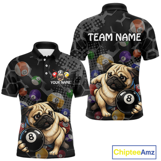 Polo shirt with pug dogs and pool balls design on a black background, featuring 'Chiptee Amz' branding.