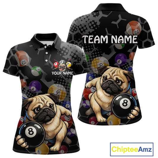 Two views polo shirts with pug dogs and billiard balls design, one with 'Team Name' text and space for name.