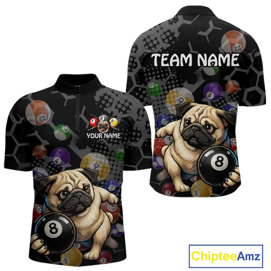Black sports jersey with pug dog design and billiard balls, customizable text on a white background.