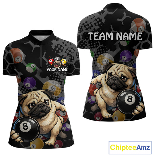 Two views polo shirts with pug dogs and billiard balls design, one with 'Team Name' text and the other with 'Your Name' text, featuring the brand 'Chiptee Amz'.