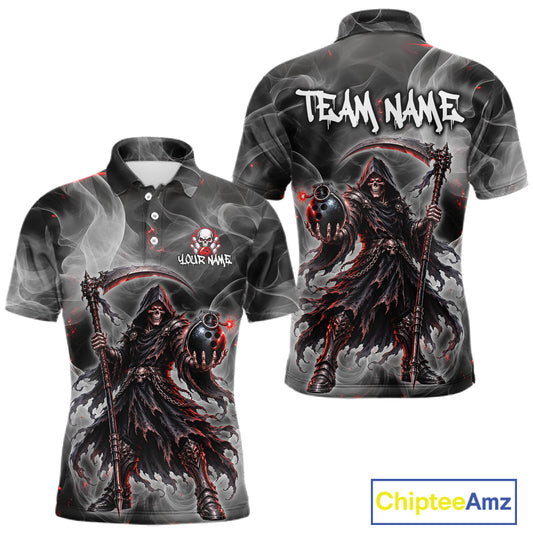 Front and back views of a short-sleeve polo shirt featuring a dark grim reaper graphic with red glowing accents, smoke effects, and customizable text areas reading 'TEAM NAME' and 'YOUR NAME'.