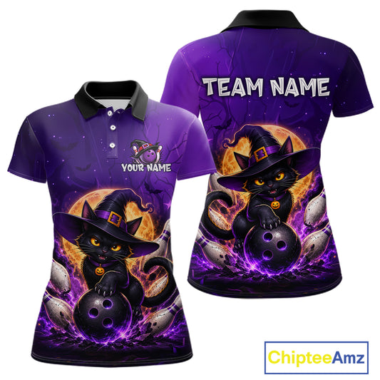 A purple short-sleeve polo shirt shown from the front and back, featuring a cartoon black cat in a witch hat with bowling balls, a full moon, and purple lightning effects. The front has placeholder text reading 'YOUR NAME' and 'TEAM NAME' on the back.