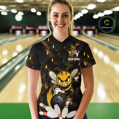 Custom Black & Gold Funny Bee Bowling Shirt for Women Polo & 1/4-Zip Bowling Team Jersey QZT1007
