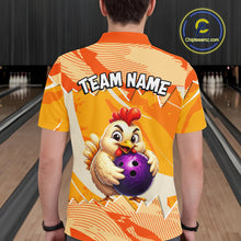 Load image into Gallery viewer, Person wearing a bowling-themed shirt with a cartoon chicken holding a bowling ball on a bowling alley.