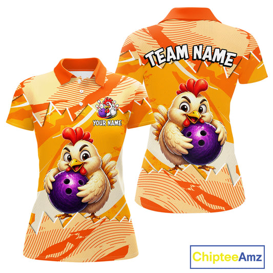 Custom Orange Funny Chicken Bowling Shirt for Women Bowling Team Jersey Polo & 1/4-Zip QZT1009