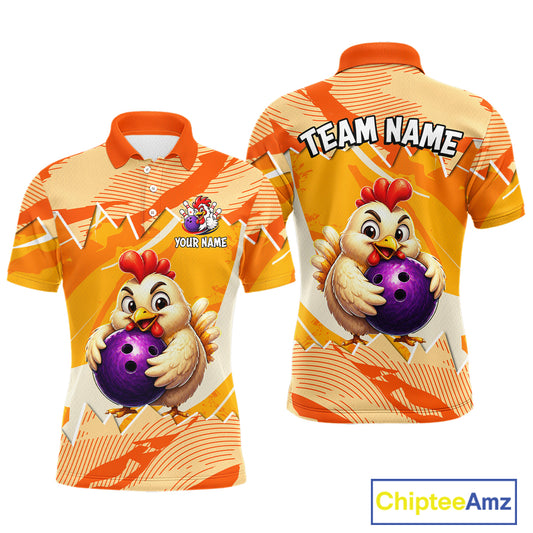 Two views of a polo shirt with a cartoon chicken holding a bowling ball, featuring branding and customizable text.