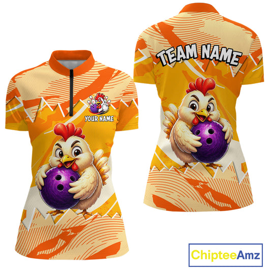 Custom Orange Funny Chicken Bowling Shirt for Women Bowling Team Jersey Polo & 1/4-Zip QZT1009